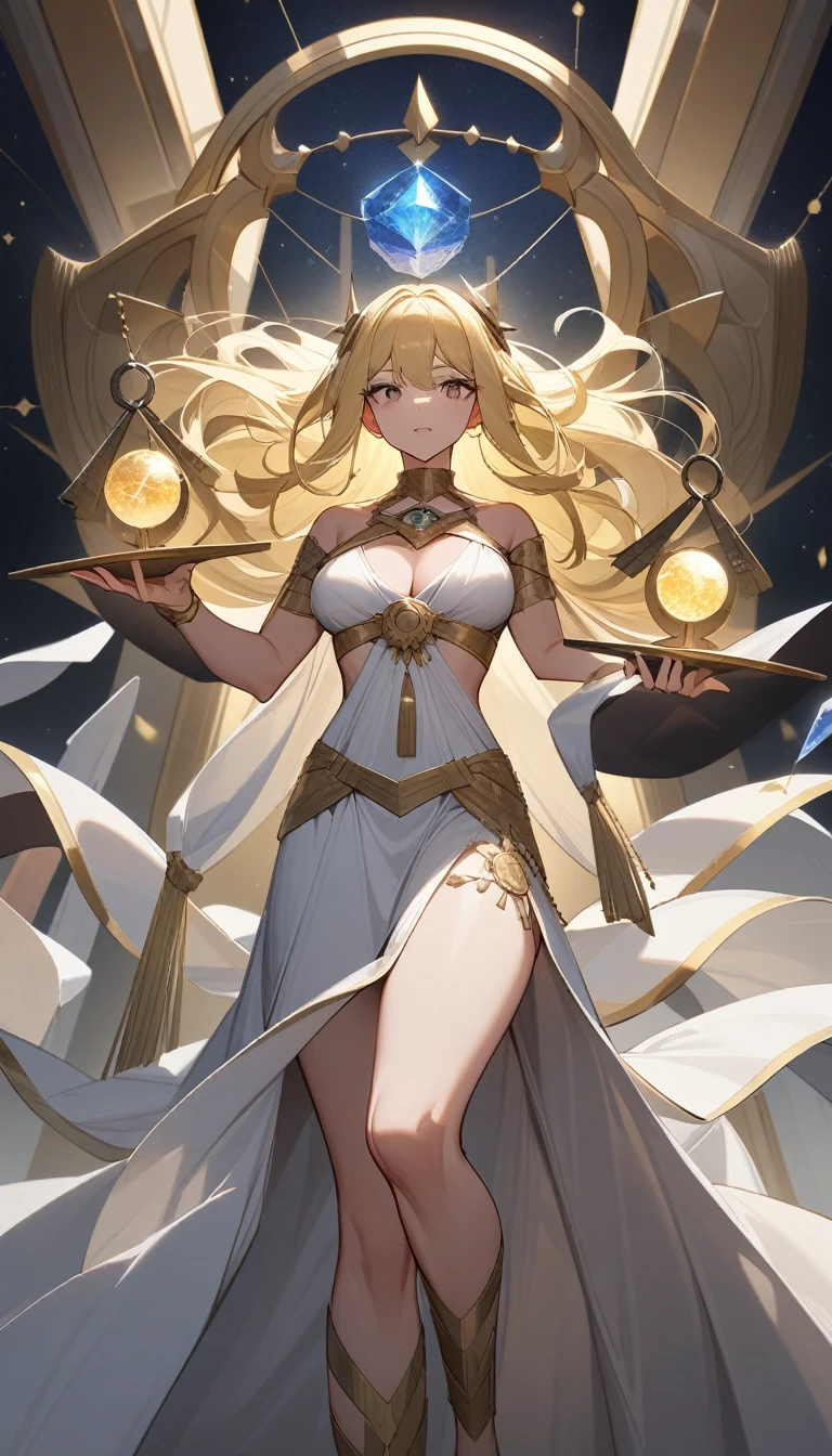 (Huang Li、high quality、Extremely detailed),Constellation - Libra goddess,Huge Libra,Woman holding a scale,Similar to Latin goodness,brave,capricious,Productivity,The face of enterprising and humanitarianism,Long yellow hair,Ancient Greek costumes、Wrap Dress,Dress conservatively,The background is the universe,Crystal black eyes(Eyes Details),Powerful appearance, Correct anatomy