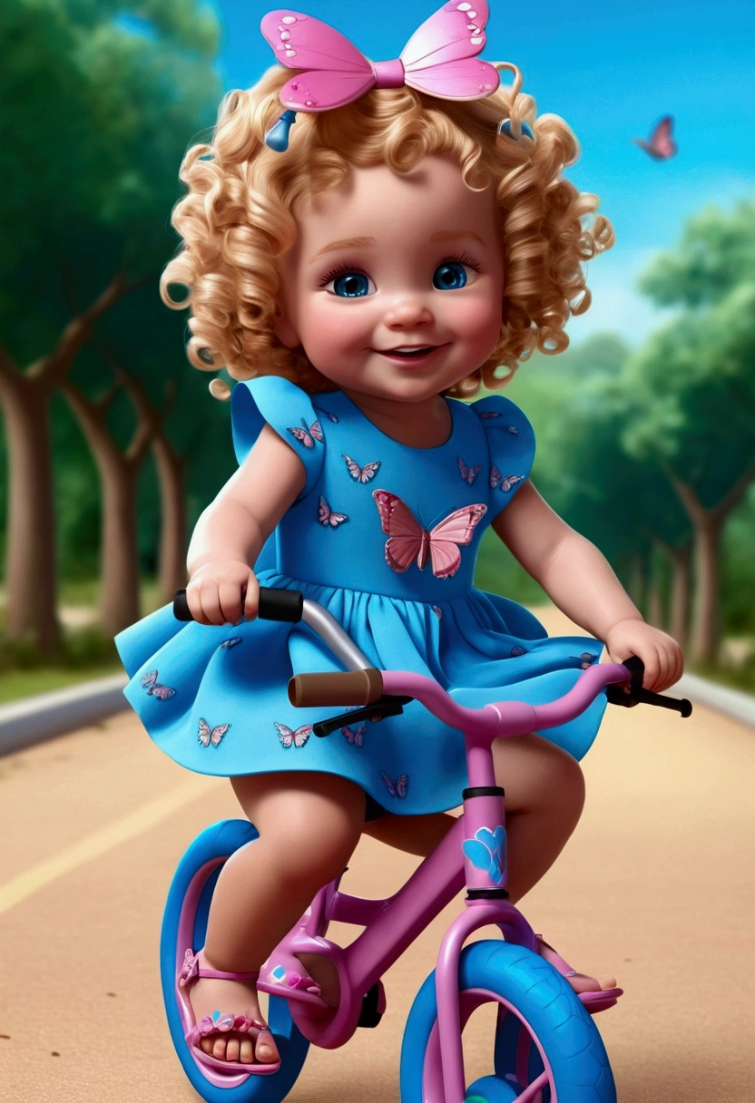 baby with curly blonde hair, eyes browns, big eyelashes, rosy cheeks, blue butterfly dress, with a big blue bow on her head, great smile, blue and pink sandals, no hospital sad 3D Avatar