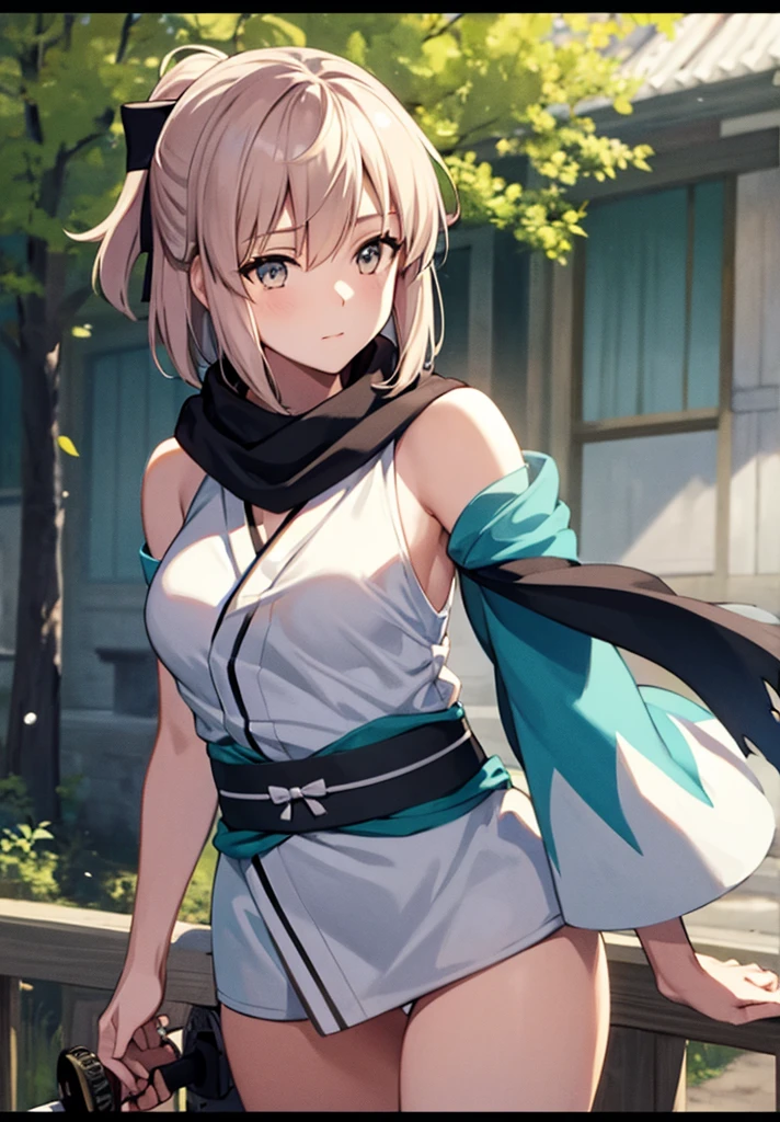 Best Quality, 1 girl, alone, okita_souji, white kimono, scarf, cowboy photography, outdoor, bare shoulders, bare shoulders, sleeveless, looking at the viewer, 