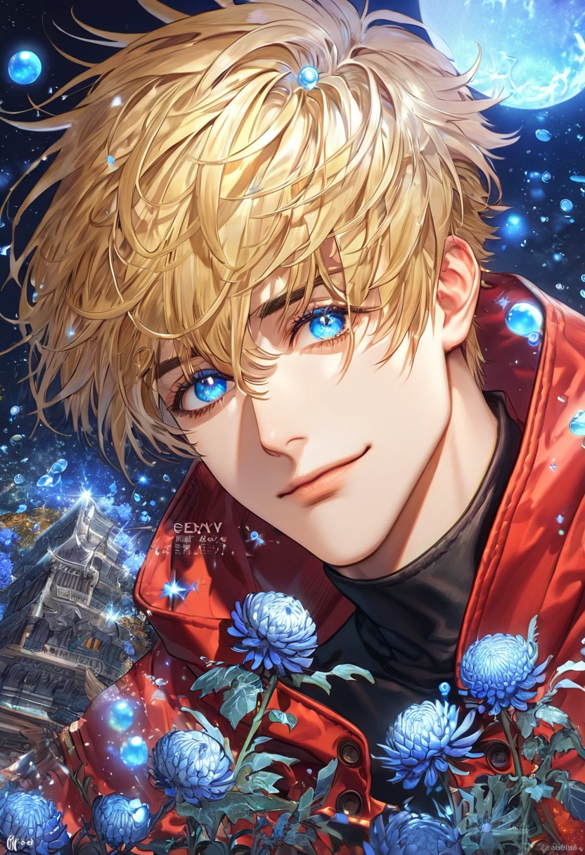 absurdres, highres, ultra detailed, HDR, master piece, best quality, extremely detailed, Vash Stampede, blonde hair, expressive blue eyes, round amber sunglasses, Trigun, solo, sexy man, handsome, smile, hooded red coat, black turtleneck shirt, fantasy, water, sparkling, blue glittering fireflies, blue moon, blue blossoms, blue chrysanthemums, blue sparkling lights, starry sky