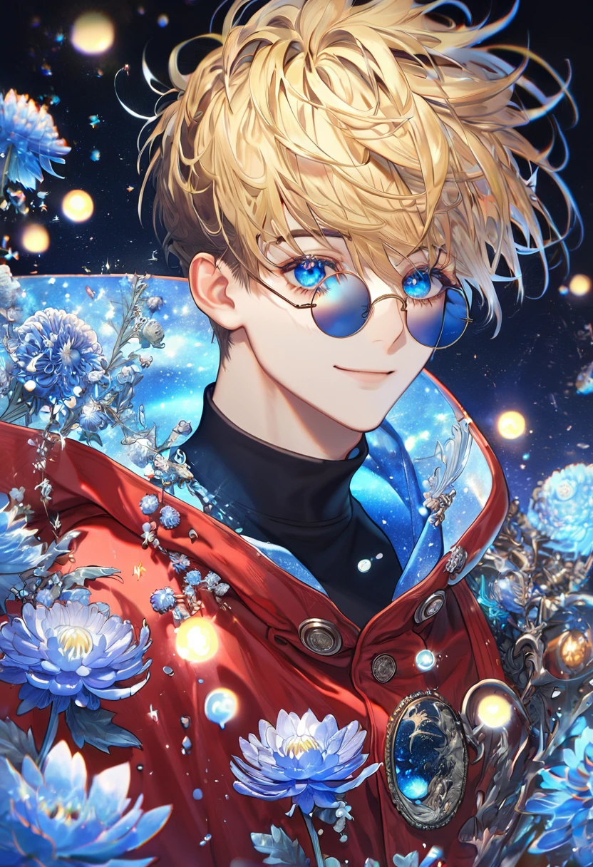 absurdres, highres, ultra detailed, HDR, master piece, best quality, extremely detailed, Vash Stampede, blonde hair, expressive blue eyes, round amber sunglasses, Trigun, solo, sexy man, handsome, smile, hooded red coat, black turtleneck shirt, fantasy, water, sparkling, blue glittering fireflies, blue moon, blue blossoms, blue chrysanthemums, blue sparkling lights, starry sky