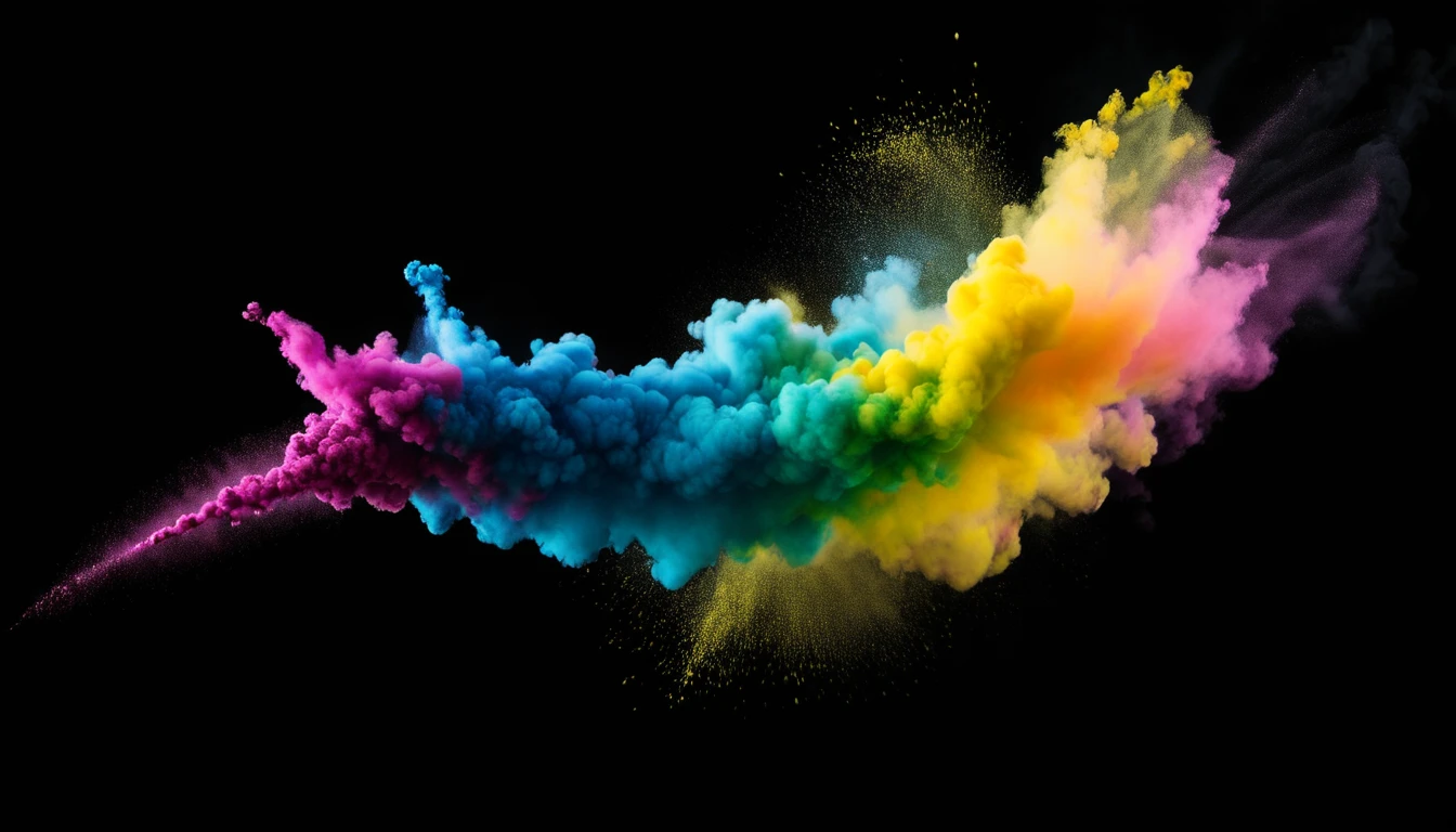 colorful powder dye flying, with a black background, image in the middle area
