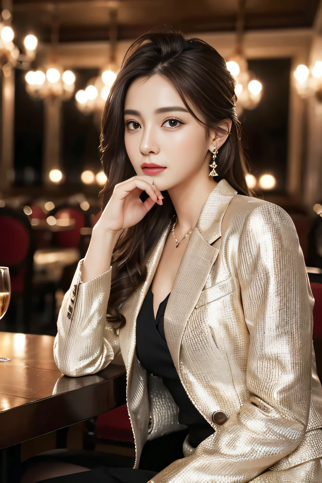 masterpiece, Highest quality, Realistic, Very detailed, Finer details, High resolution, 8k wallpaper, One beautiful woman, Wear a nice suit, In a great restaurant, At night, Light brown messy hair, Perfect dynamic composition, Beautiful and beautiful eyes、Big earrings、Sit on a chair