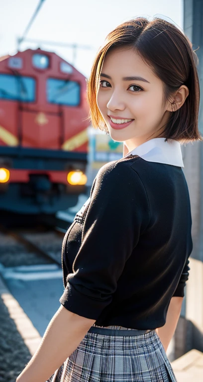 (a beautiful eurasian lady posing at SLAMDUNK railway crossing, Kamakura Kokomae Station, Age 28, (((full bodyesbian))), ((Girls' High School Uniforms)), short_bob_hair_ponytail, Dimples, friendly & kind smile, snaggle-tooth, realistic skin textures, healthy body proportion, hyper-realism, photorealistic, beautiful detailed eyes, high contrast, ultra HD, top image quality, fine details, very meticulously, masterpiece, the_cowboy_shot, bokeh background, Windy morning dawn) #Slam Dunk #Slam Dunk#Mitsui Hisashi