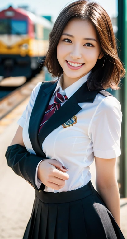 (a beautiful eurasian lady posing at SLAMDUNK railway crossing, Kamakura Kokomae Station, Age 28, (((full bodyesbian))), ((Girls' High School Uniforms)), short_bob_hair_ponytail, Dimples, friendly & kind smile, snaggle-tooth, realistic skin textures, healthy body proportion, hyper-realism, photorealistic, beautiful detailed eyes, high contrast, ultra HD, top image quality, fine details, very meticulously, masterpiece, the_cowboy_shot, bokeh background, Windy morning dawn) #Slam Dunk #Slam Dunk#Mitsui Hisashi
