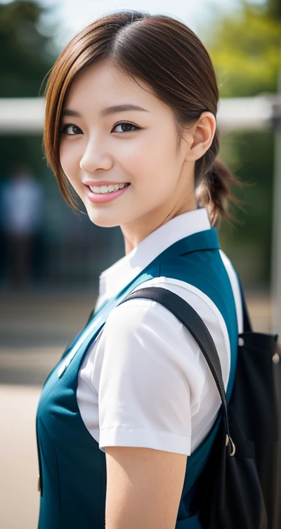 (a beautiful eurasian lady posing at SLAMDUNK railway crossing, Kamakura Kokomae Station, Age 28, (((full bodyesbian))), ((Girls' High School Uniforms)), short_bob_hair_ponytail, Dimples, friendly & kind smile, snaggle-tooth, realistic skin textures, healthy body proportion, hyper-realism, photorealistic, beautiful detailed eyes, high contrast, ultra HD, top image quality, fine details, very meticulously, masterpiece, the_cowboy_shot, bokeh background, Windy morning dawn) #Slam Dunk #Slam Dunk#Mitsui Hisashi