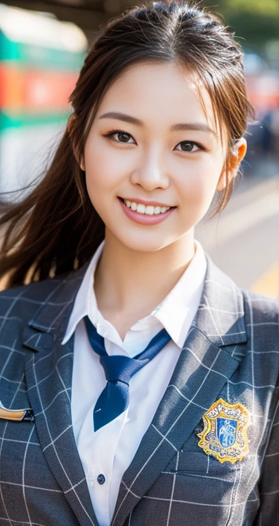 (a beautiful eurasian lady posing at SLAMDUNK railway crossing, Kamakura Kokomae Station, Age 28, (((full bodyesbian))), ((Girls' High School Uniforms)), short_bob_hair_ponytail, Dimples, friendly & kind smile, snaggle-tooth, realistic skin textures, healthy body proportion, hyper-realism, photorealistic, beautiful detailed eyes, high contrast, ultra HD, top image quality, fine details, very meticulously, masterpiece, the_cowboy_shot, bokeh background, Windy morning dawn) #Slam Dunk #Slam Dunk#Mitsui Hisashi
