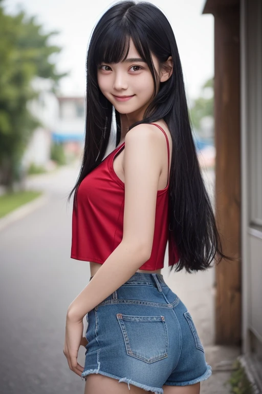 ((Highest quality)、((excellent))、Cinematic lighting、Detailed costume、Black Hair Girl、15 years old、A girl wearing a red sleeveless top、Jean Shorts、One Girl、He has his hands behind his back and is staring、smile、Red eyes、Straight black hair、Long Hair、Beautiful Face、I can see from the top of my head to my knees