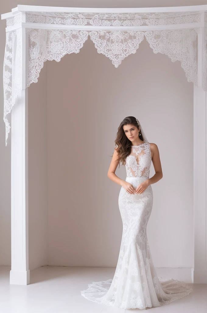 Best quality, 8k, 32k, Masterpiece, Masterpiece, (Photorealistic: 1.4), RAW photo, ultra realistic, 1girl,Fashion model, Wearing a white mermaid wedding dress, lace fabric, full length view, pose Stand upright in white room