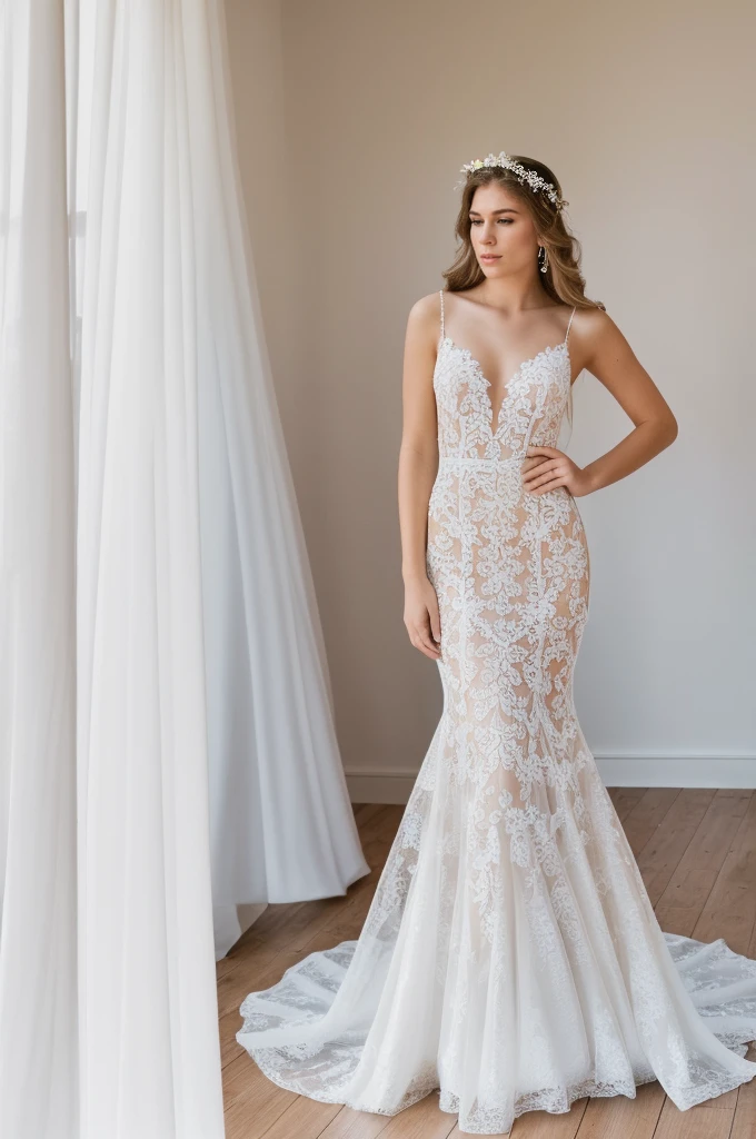 Best quality, 8k, 32k, Masterpiece, Masterpiece, (Photorealistic: 1.4), RAW photo, ultra realistic, 1girl，Fashion model, Wearing a white mermaid wedding dress, lace fabric, full length view, pose Stand upright in white room