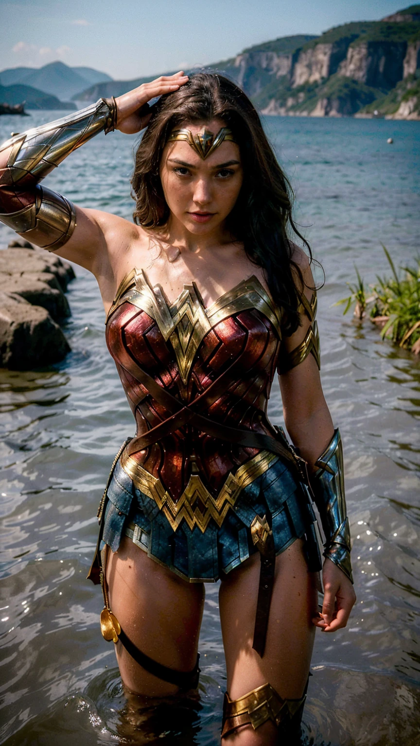 ((masterpiece), (solo character), (photorealistic:1.4), ),(best quality), (epiCRealLife), (g4lg), (g4lg large breasts), (g4lg show cleavages), (Gal Godot in wonder woman costume), (lora:epiCFlashPhoto),(flashphoto), (flash photography) (look at viewers), , (photoshoot), (wonder woman theme), (outdoor), (daytime), (Gal Godot in the lake), (wonder woman tiara), (g4lg body in water), (poses for pictures)