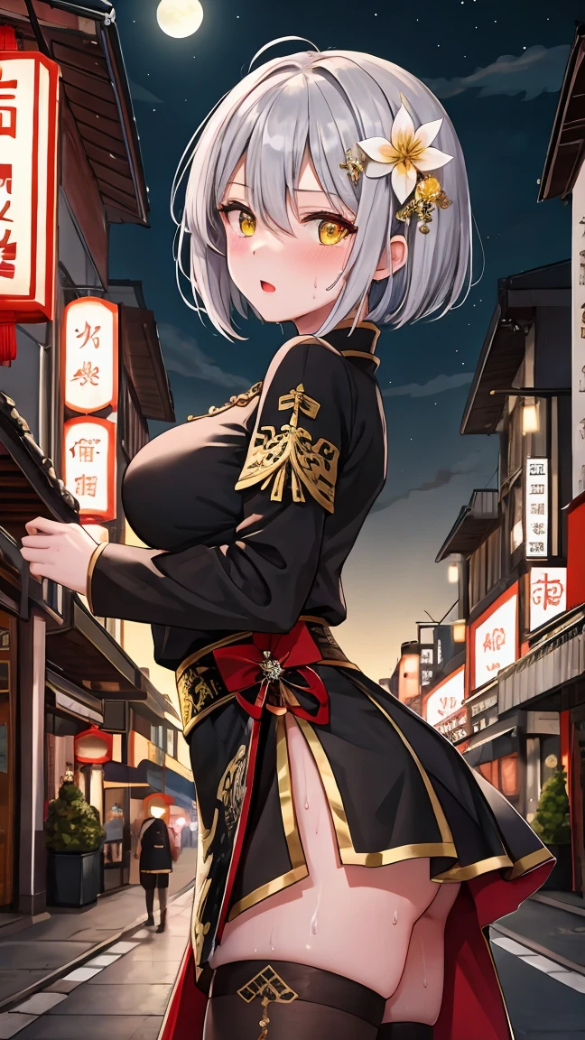 Young girl 10 years old, short silver bob hair, hair flower, sharp bangs between the eyes, yellow  eyes, eyes large, provocative look, obscene expression, notable physical features, traditional chinese imperial clothes black with gold details, red skirt, black thigh high socks. medium breasts. view from side, crouched in the street, lumbar angle, full body point of view, but up close. japanese city, outdoor city, city at night, with full moon in the background, light reflecting on the sexy and sweaty body. (((sweat))) (work of art:1.2,) (best qualityer.)