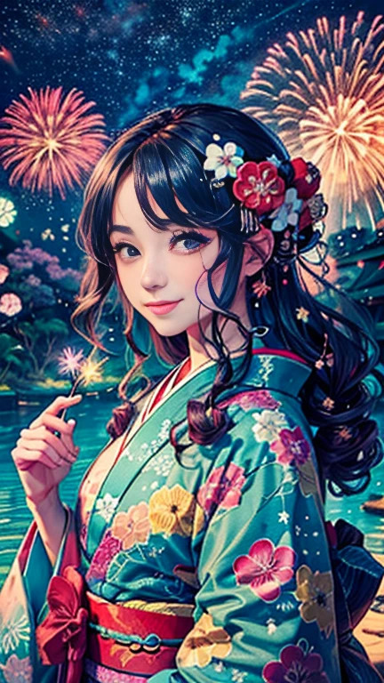 8k, highest quality, High resolution, Beautiful girl 1 25 years old, flower buns,smile, (Traditional Japanese Kimono:1.3)、High-end kimono、No wrinkles at all,Watercolor, (Flower Hair Ornaments:1.3) 、Microphotography, Anime girl made of glass in kimono silhouette, vibrant rainbow river, fireworks in night sky, colorful coral reefs, detailed illustration, Ukiyo-e style