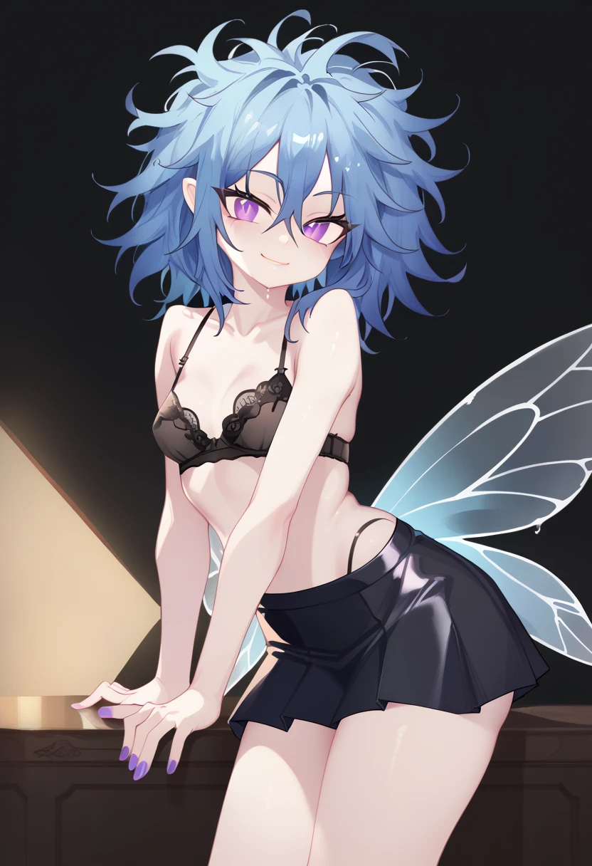 score_9, score_8_up, score_7_up, best quality, masterpiece, 4k, uncensored, prefect lighting, rating_explicit, very aesthetic, source_anime,Masterpiece, Hyper detailed, Best quality, UHD, Ultra high resolution, (16K), (((Watercolor))), ((anatomically correct)),1girl,(black skirt:1.4),(messy hair:1.5),(skinfang:1.4),((leather accents)),((spiked jewelry)),skirt,lingerie,((fairy wings)),blue hair,short hair,messy bangs,ultra-detailed face,beautiful detailed eyes,((narrowed-eyed)),violet eyes,small breasts,(cute eyes:1.4),smug expression, sassy pose, solo,
Dynamic portrait,
woods,water,