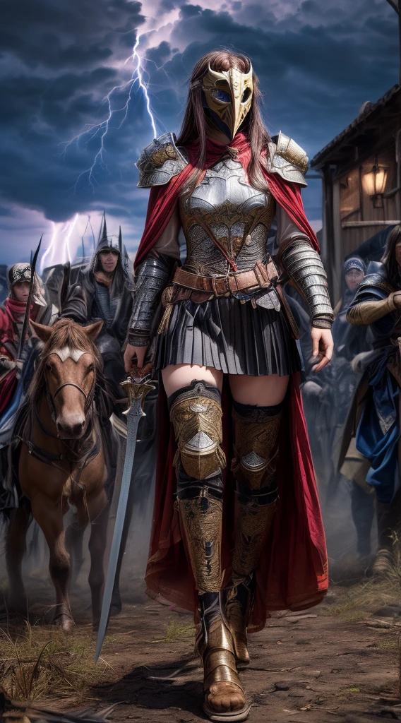 Cowboy Shot、Very beautiful woman、Slender women、(Detailed face)、Realistic Skin、((evil knight)), (Black Armor)、((((非常に細かく複雑な装飾が施されたBlack Armor))))、((Delicate photo)),(Girl Astepeace RAW Photo Details:1.25), (Highest quality:1.6), (Ultra-high resolution:1.5), (Realistic:1.75), 8K resolution, Canon EOS R5, 50mm, Absurd, Super detailed,Cinema Lighting,Battlefields of Medieval Europe、((Fight))、RPG World、Final Fantasy、(((Decorative skirt)))、Thigh-high socks、Shingard、night、((Long hair with bangs,))、Get a six pack、Torn Cloak、Beautiful Armor、(((Giant Sword)))、In combat、The wind is blowing、((Asymmetric Armor:1.5))、(((thunderstorm)))、((Knight Commander))、(((Leading a large group of black knights)))、banner、Wolf Pattern:1.5、(((Battle Scenes)))、(((Creepy Iron Mask)))