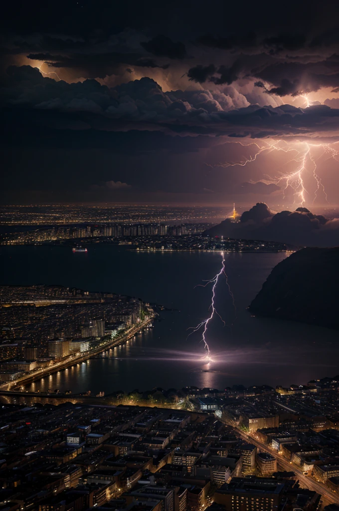 masterpiece, best quality, extremely detailed, cinematic lightning, intricate detail, highres, enormous colourful star, floating over a city, night