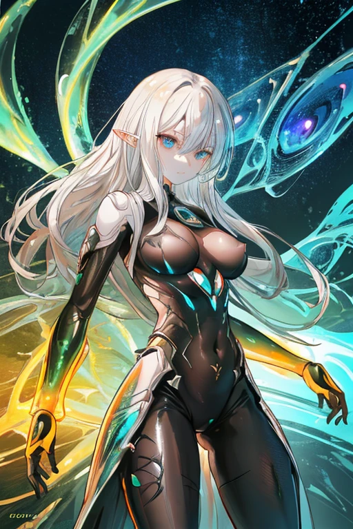 Amazing anatomy, (beautiful female Elf Biopunk), slender body, shiny skin, long shapeless hair, cowboy shot, (dynamic pose), biopunk city background, (slimy, organic, glistening, ((bioluminescence)), (k ultra hd:1.1), (art by apterus, art by dan mumford, art by marilyn manson:1.2), best quality, cgsociety, trending on ArtStation., nude, ethereal,