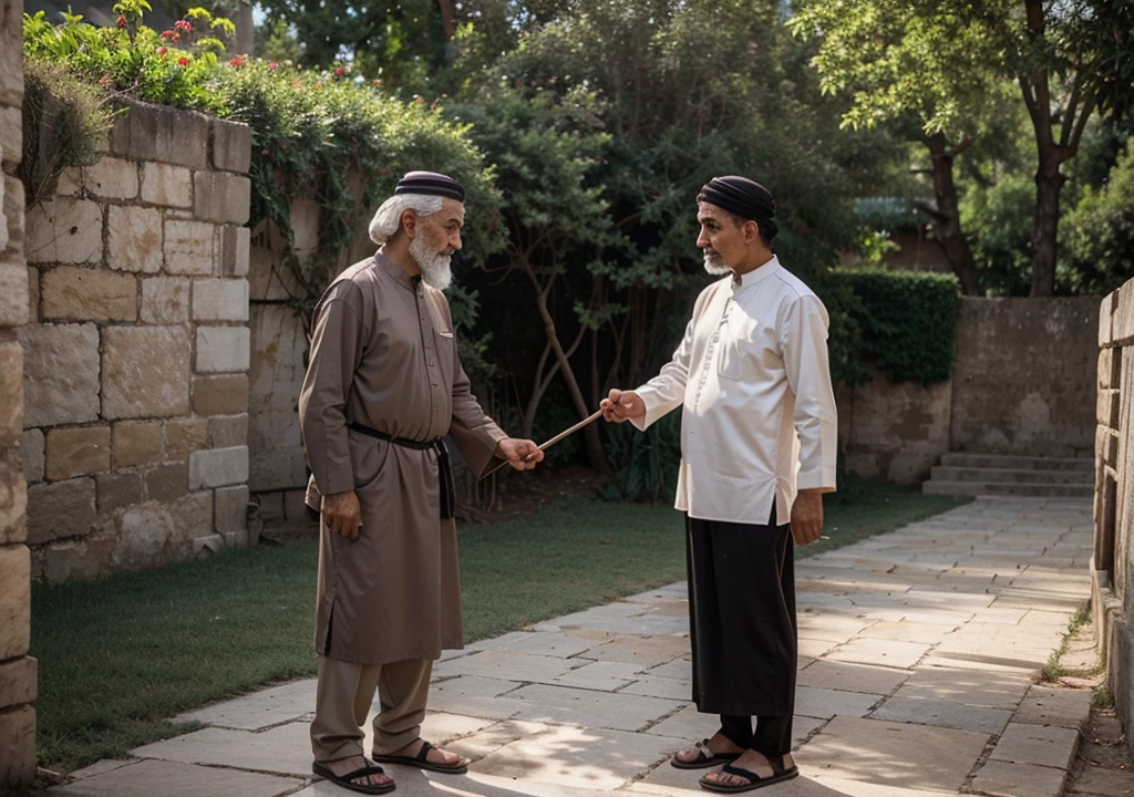 An islamic old sofi man teaching to boy of age ten year in beautiful place