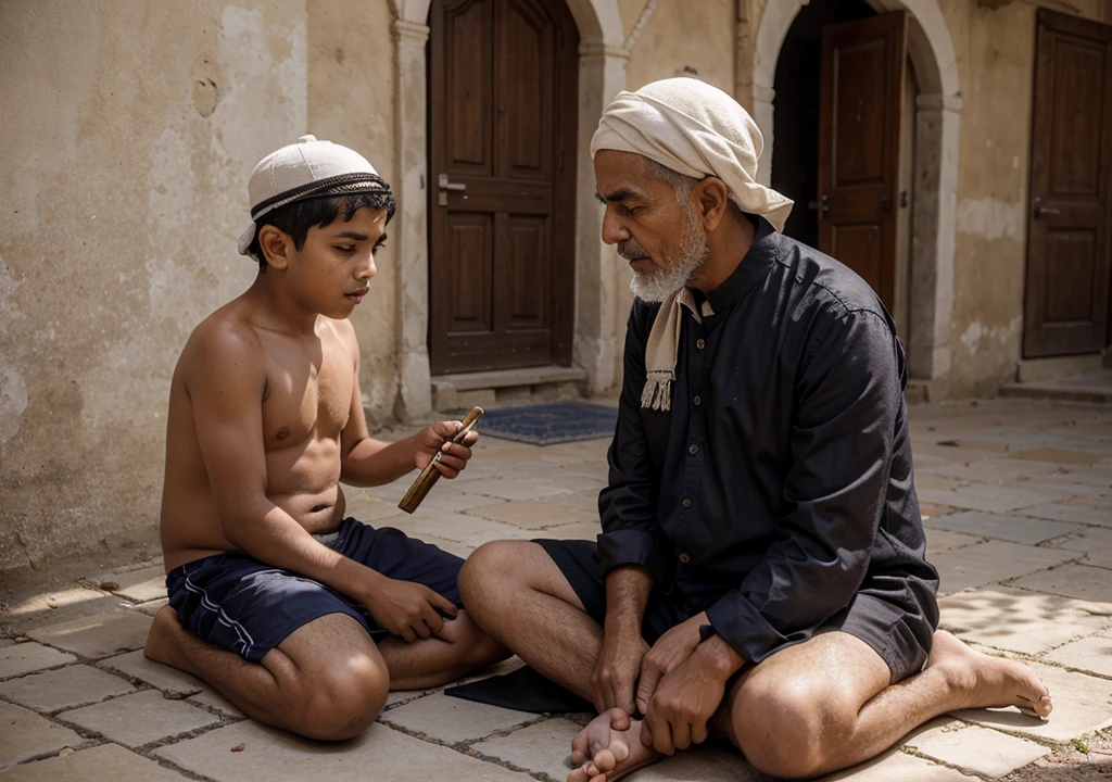 An islamic old sofi man teaching to boy of age ten year in beautiful place 