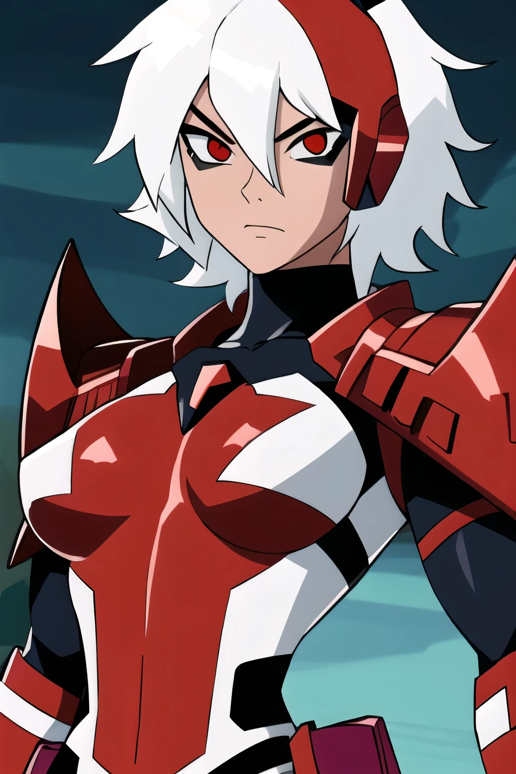 1girl, white hair, red eyes, tomboy, short hair, medium tits, upper body, kamen Raider armor, headgear,