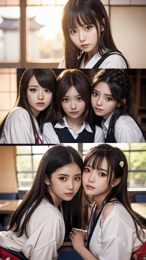 Masterpiece, 4K, bokeh, , Beautiful girls, group photo, harem, multiple girls, (Japanese idle:1.6), (Bob hair:1.3), close up, classroom, sunset, Looking at the viewer, cowboy shot