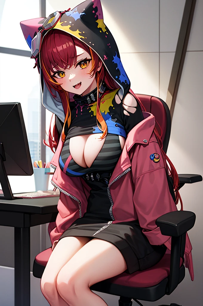 masterpiece, best quality, highres, aatsuna, long hair, multicolored hair, large breasts, animal hood, hood up, goggles on head, black collar, cleavage, striped bikini, black shirt, torn clothes, black jacket, hooded jacket, long sleeves, bare legs, indoors, gaming chair, desk, computer, fangs, smile