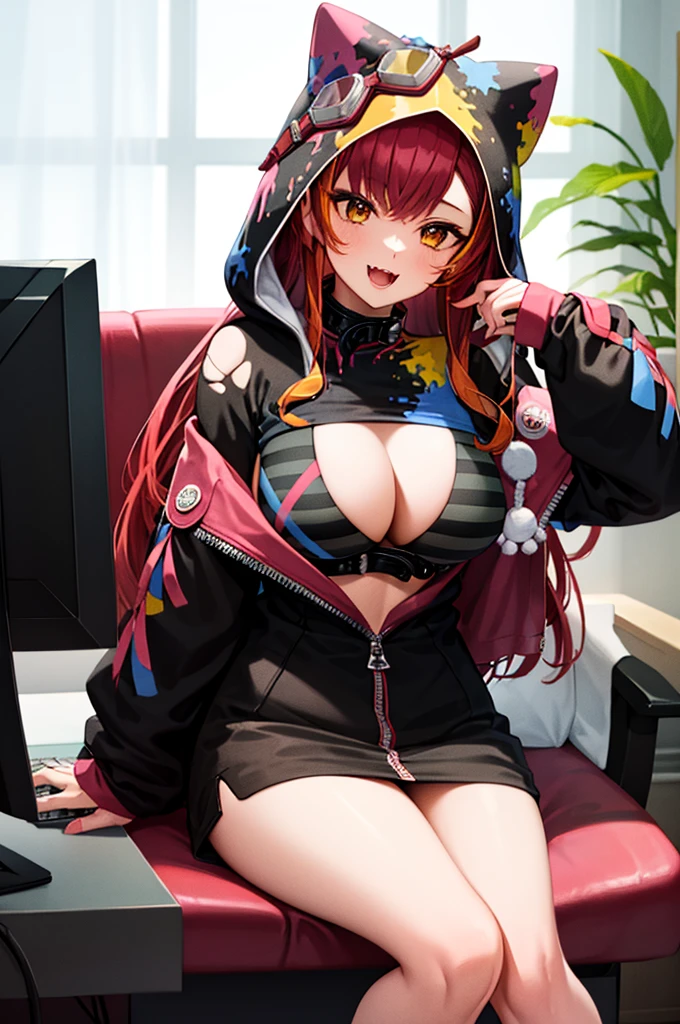 masterpiece, best quality, highres, aatsuna, long hair, multicolored hair, large breasts, animal hood, hood up, goggles on head, black collar, cleavage, striped bikini, black shirt, torn clothes, black jacket, hooded jacket, long sleeves, bare legs, indoors, gaming chair, desk, computer, fangs, smile