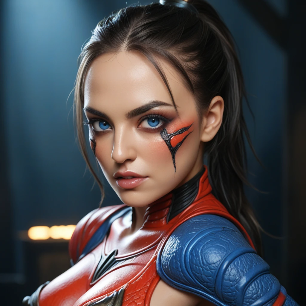 (beautiful detailed eyes,beautiful detailed lips,extremely detailed eyes and face,longeyelashes),1girl,(best quality,4k,8k,highres,masterpiece:1.2),ultra-detailed,(realistic,photorealistic,photo-realistic:1.37),fantasy,digital art,intricate details,highly detailed portrait,dramatic lighting,intense colors,dramatic expression,smoke effect,detailed clothing,detailed facial features,full body,full length,female character,Mortal Kombat Scorpion,large breasts,erotic,sensual,provocative