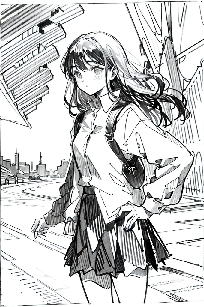 One Girl,Line art,Monochrome,sketch,Pencil drawing,Traditional Media,One Girl, 黒いskirtフェンス, Long Hair Shirt, Long sleeve, skirt, alone、Are standing、Cute Teenage Girls, ,Beautiful portrait、Delicate body、Ezvian everywhere、Black Hair、Black Hair,landscape,Dynamic pose,