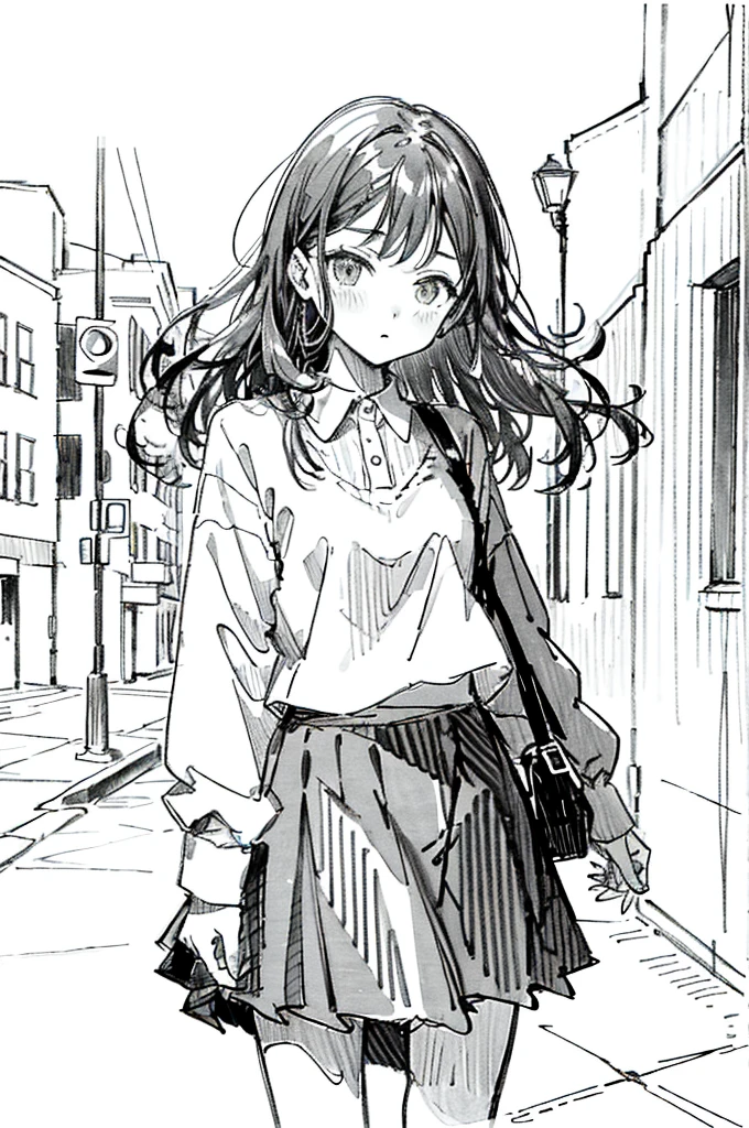 One Girl,Line art,Monochrome,sketch,Pencil drawing,Traditional Media,One Girl, 黒いskirtフェンス, Long Hair Shirt, Long sleeve, skirt, alone、Are standing、Cute Teenage Girls, ,Beautiful portrait、Delicate body、Ezvian everywhere、Black Hair、Black Hair,landscape,Dynamic pose,