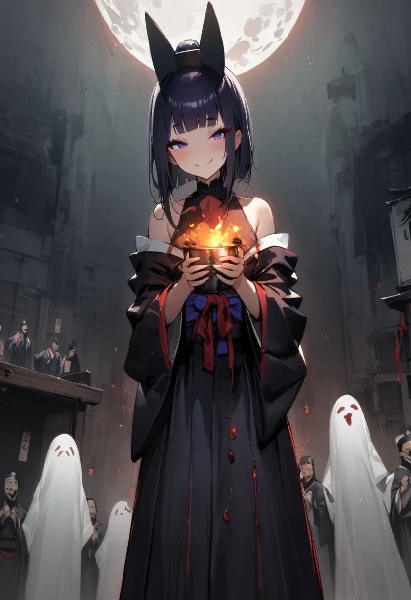 In a haunted house、Shuten Doji、ghost、Girl、Girl、Short、Younger、Lower school year、Dynamic Angle、masterpiece、best quality、ultra-detail、night、smile、Iron club、knife、Heian-kyo、The capital of Kyoto、Eat flesh and blood、 Violence、Alcohol is my favorite
