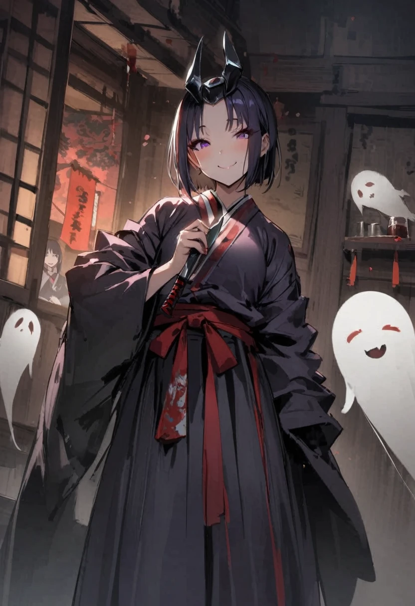 In a haunted house、Shuten Doji、ghost、Girl、Girl、Short、Younger、Lower school year、Dynamic Angle、masterpiece、best quality、ultra-detail、night、smile、Iron club、knife、Heian-kyo、The capital of Kyoto、Eat flesh and blood、 Violence、Alcohol is my favorite
