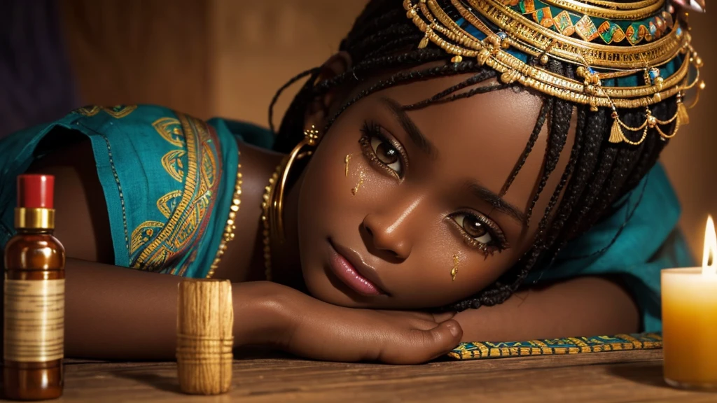 Render a close-up of A very beautiful Young african woman's face, tears welling up in her eyes. With traditional decorations and herbal remedies on a small table.
]