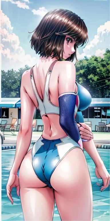 A beautiful woman with short hair, big breasts and beautiful legs is standing by the pool in a competitive swimsuit.。Angle from behind。A middle-aged man is pointing the camera lens at me。