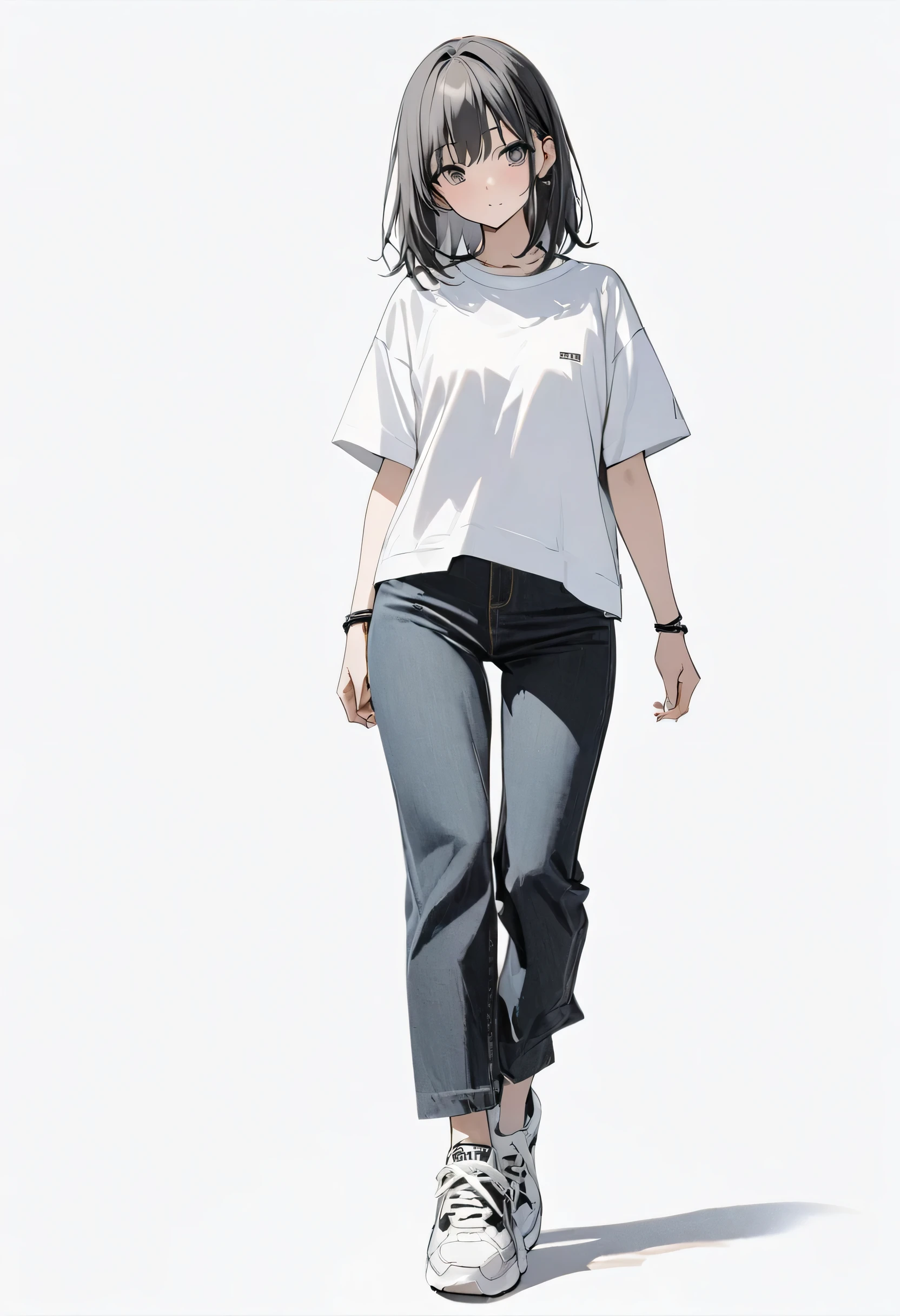 (masterpiece、Highest quality:1.2、8K)、Only one girl in the center、T-Shirts、pants、Simple single-color sneakers、whole body、Simple Background、White background、