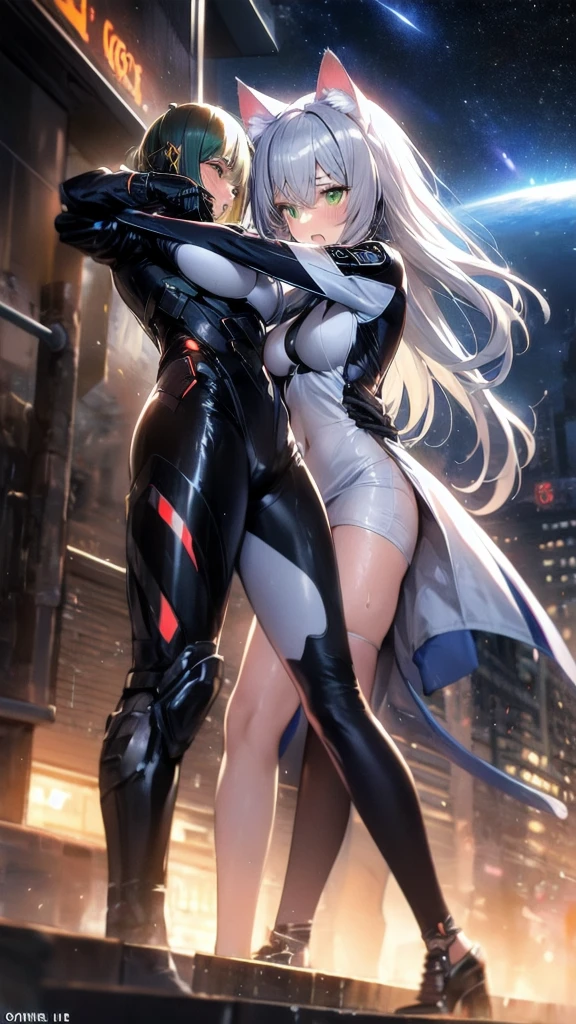prompts A silver-haired beautiful girl with cat ears eyes are green hair is silver and long clothes: a form-fitting black combat suit The fist is an afterimage The background is a city at night her is in a cat-like fighting pose The year is 14 years monitor, Dark Night, Sweat, Steam of Exhalation, Space, Battle, Dynamic Angle one girl