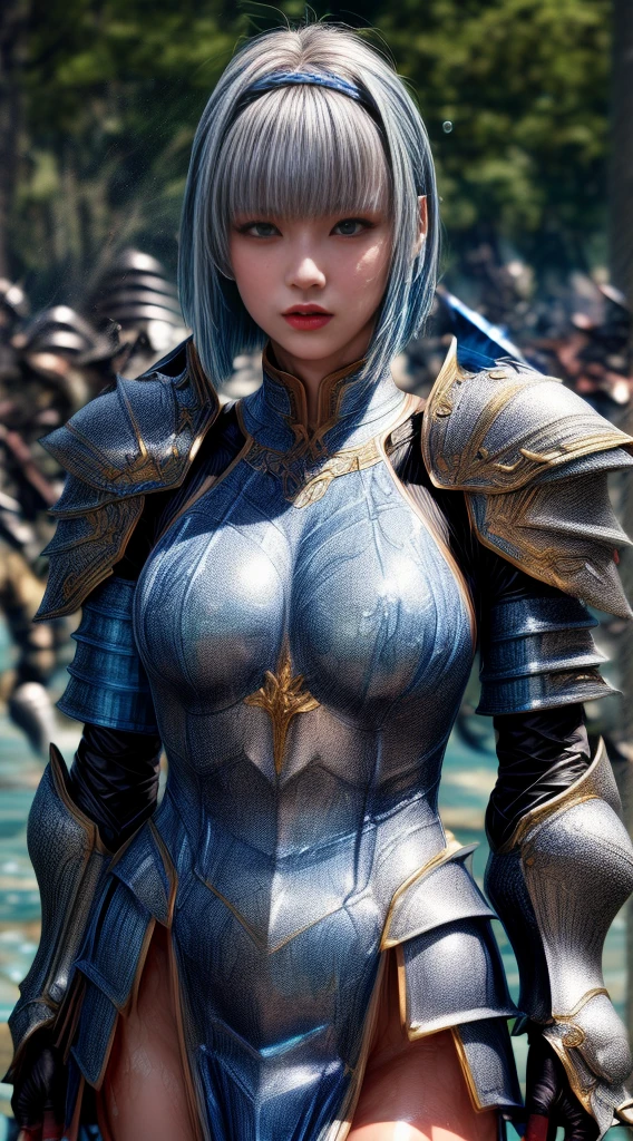 Very beautiful woman、Slender women、(Detailed face)、Realistic Skin、((Water Knight:1.1)), ((Dark blue armor))、((((Dark blue armor with very fine platinum detailing:1.5))))、((Delicate photo)),(Girl Astepeace RAW Photo Details:1.25), (Highest quality:1.6), (Ultra-high resolution:1.5), (Realistic:1.75), 8K resolution, Canon EOS R5, 50mm, Absurd, Super detailed,Cinema Lighting,((Fightfield))、((Fight))、(((White skirt with embellishments)))、Thigh-high socks、Shingard、((Light blue hair))、((Bowl cut hairstyle with bangs))、(Six Pack:1.1)、Cape、Beautiful Armor、(((Has a huge weapon)))、(In combat)、The wind is blowing、((Symmetrical armor))、((((splash:1.1))))、(((Leads a large group of blue knights:1.2)))、banner、(Armor with a dragon motif)、(((Battle Scenes)))、(blue Dragon)、((Browsing Caution:1.1))、(((Use the magic of water:1.2)))