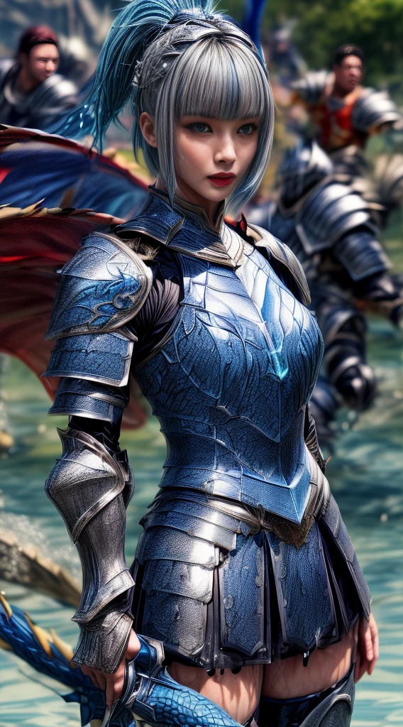 Very beautiful woman、Slender women、(Detailed face)、Realistic Skin、((Water Knight:1.1)), ((Dark blue armor))、((((Dark blue armor with very fine platinum detailing:1.5))))、((Delicate photo))，(Girl Astepeace RAW Photo Details:1.25), (Highest quality:1.6), (Ultra-high resolution:1.5), (Realistic:1.75), 8K resolution, Canon EOS R5, 50mm, Absurd, Super detailed,Cinema Lighting,((Fightfield))、((Fight))、(((White skirt with embellishments)))、Thigh-high socks、Shingard、((Light blue hair))、((Bowl cut hairstyle with bangs))、(Six Pack:1.1)、Cape、Beautiful Armor、(((Has a huge weapon)))、(In combat)、The wind is blowing、((Symmetrical armor))、((((splash:1.1))))、(((Leads a large group of blue knights:1.2)))、banner、(Armor with a dragon motif)、(((Battle Scenes)))、(blue Dragon)、((Browsing Caution:1.1))、(((Use the magic of water:1.2)))