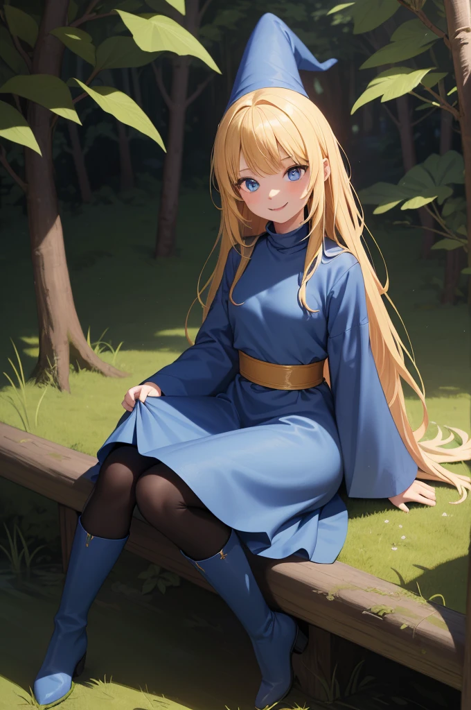 masterpiece, Taller,Very detailed, Absurd, Witch P123,One Girl,  alone, blonde, Long Hair,  blue eyes, Blue Boots, Blue clothes, Long sleeve,have,in the forest,  ojou-sama pose,smile,Open your mouth,