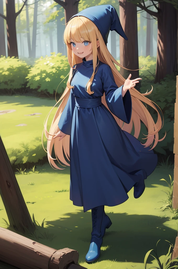 masterpiece, Taller,Very detailed, Absurd, Witch P123,One Girl, alone, blonde, Long Hair, blue eyes, Blue Boots, Blue clothes, Long sleeve,have,in the forest, ojou-sama pose,smile,Open your mouth,
