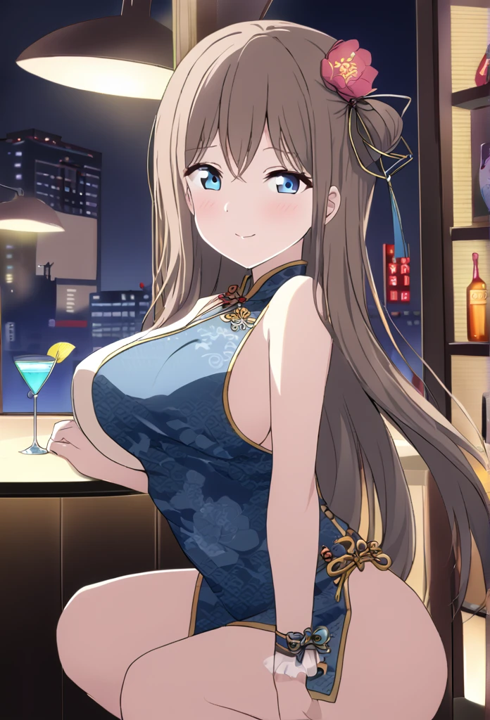 Sakurazaka Shizuku Brown Hair Light blue eyes Long Hair Big red hair ribbon Light blue Chinese dress Cocktail Bar Holding a light blue cocktail smile Large Breasts Room lighting City night view