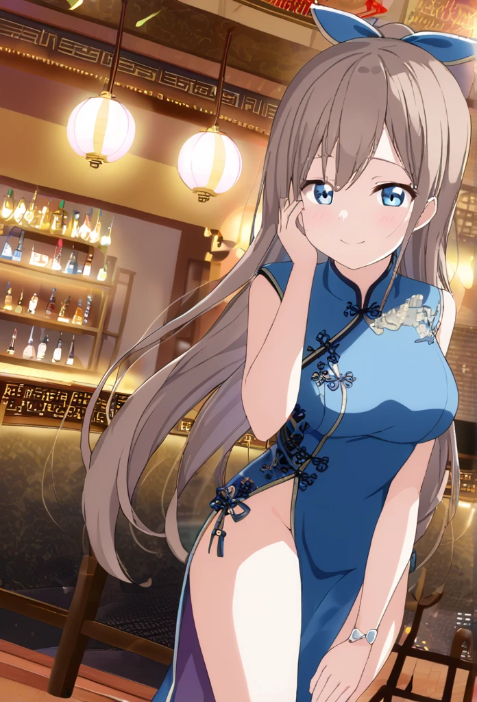 Sakurazaka Shizuku Brown Hair Light blue eyes Long Hair Big red hair ribbon Light blue Chinese dress Cocktail Bar Holding a light blue cocktail smile Large Breasts Room lighting City night view