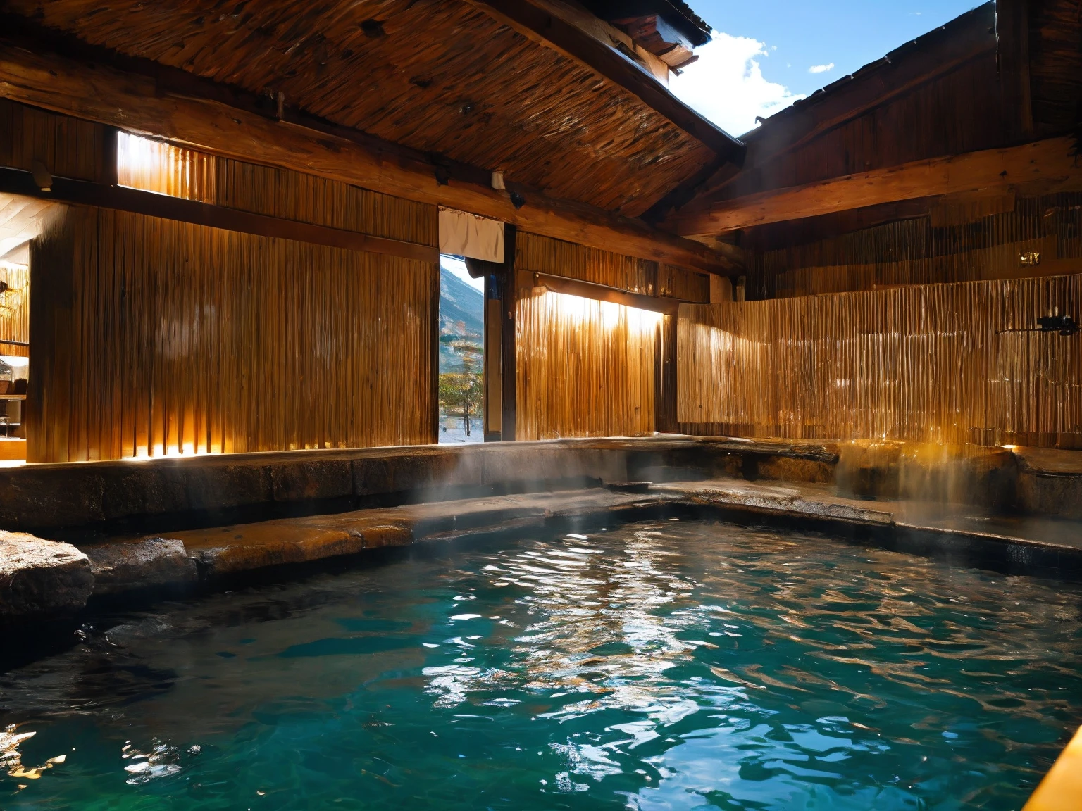 Wide Shot, Realistic onsen
