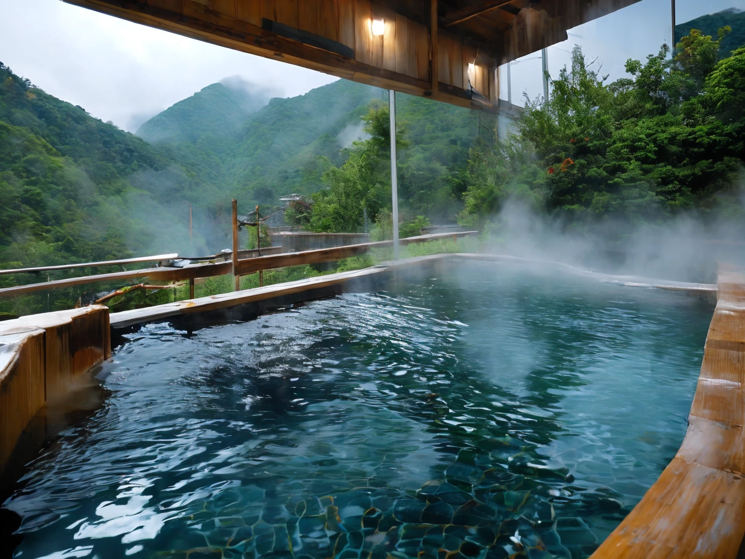 Wide Shot, Realistic onsen
