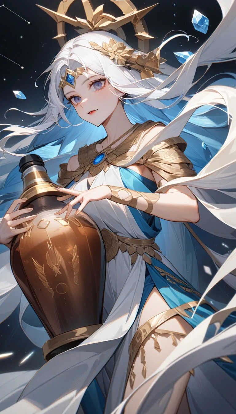 (Huang Li、high quality、Extremely detailed),Constellation Aquarius Goddess,Giant drifting bottle,Woman holding a drift bottle,Similar to Latin goodness,brave,capricious,Productivity,The face of enterprising and humanitarianism,Short blue and white hair,Ancient Greek costumes、Wrap Dress,The background is the universe,Crystal black eyes(Eyes Details),Powerful appearance