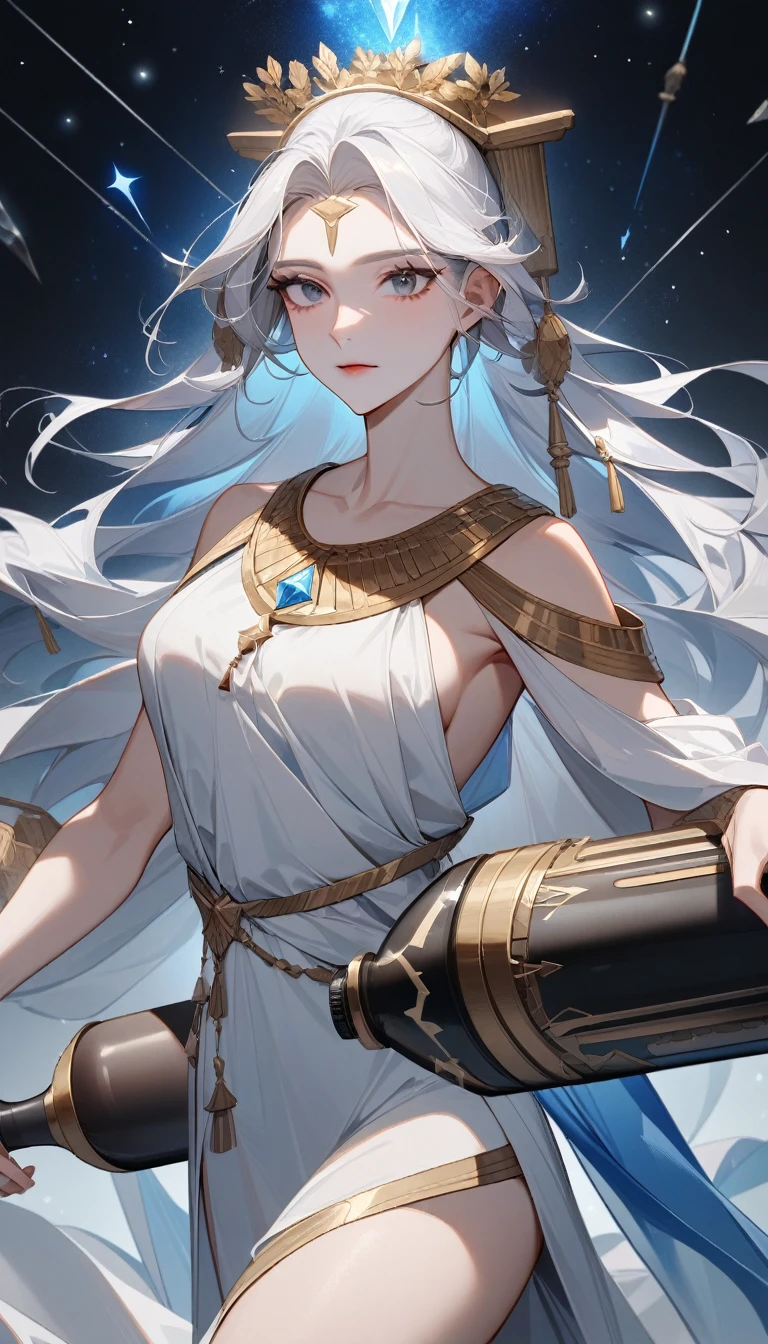 (Huang Li、high quality、Extremely detailed),Constellation Aquarius Goddess,Giant drifting bottle,Woman holding a drift bottle,Similar to Latin goodness,brave,capricious,Productivity,The face of enterprising and humanitarianism,Short blue and white hair,Ancient Greek costumes、Wrap Dress,The background is the universe,Crystal black eyes(Eyes Details),Powerful appearance