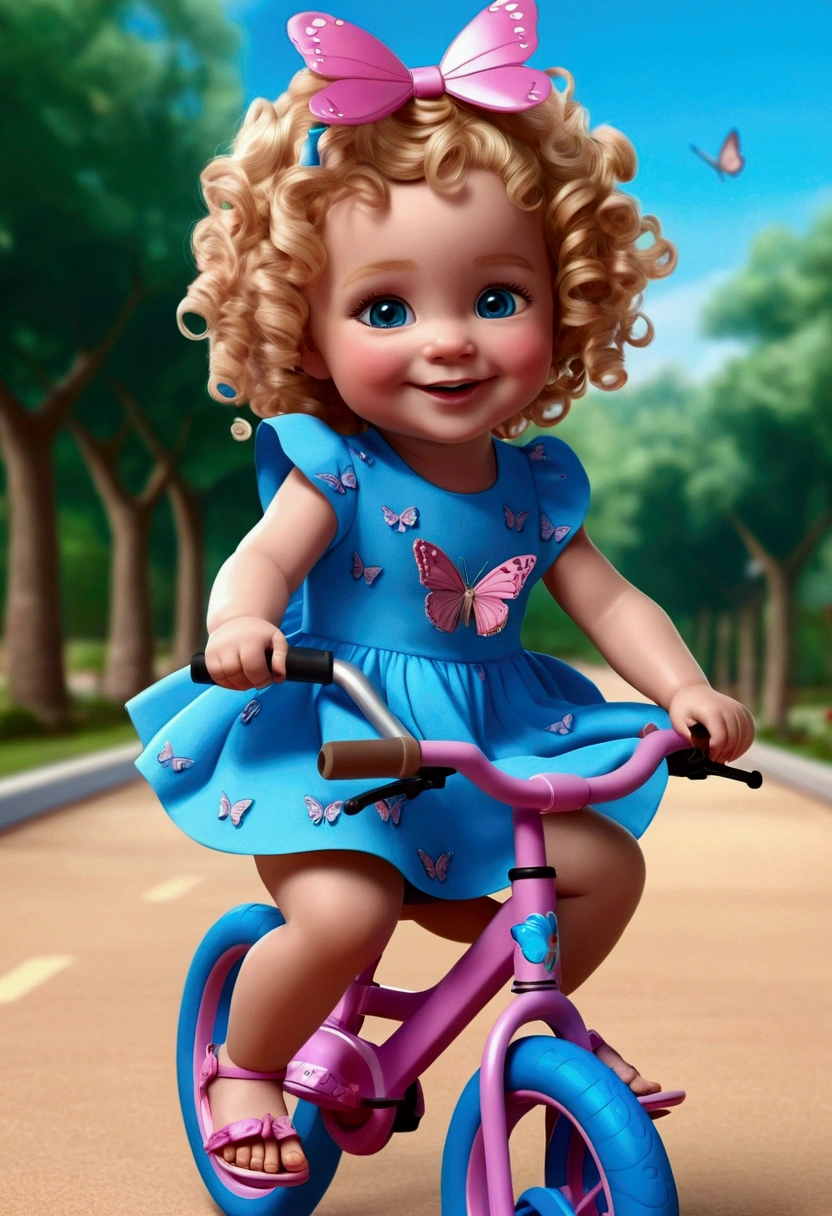 baby with curly blonde hair, eyes browns, big eyelashes, rosy cheeks, blue butterfly dress, with a big blue bow on her head, great smile, blue and pink sandals, no hospital sad 3D Avatar