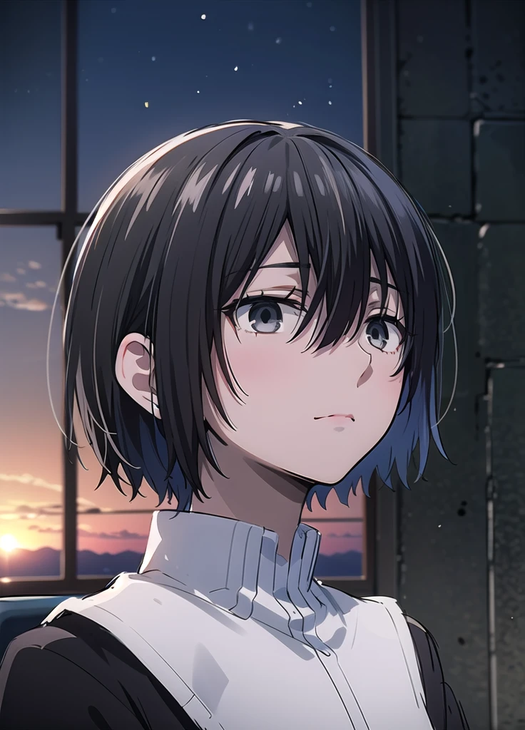 ((best quality)), ((masterpiece)), (detailed), boy, high , uniform, bored look, blank look, disinterested look, black hair, black eyes, sketch, alone, short hair. half body, face, gloomy, dark eyes, manga, light novel, illustration, solo, looking up. gloomy, sunset.