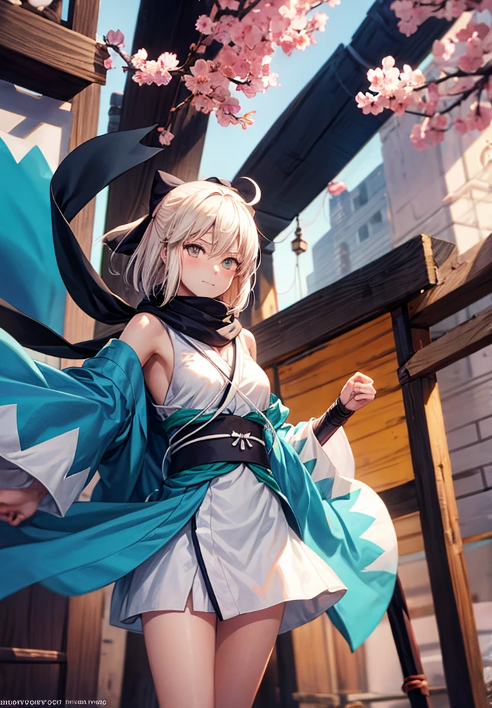 Best Quality, 1 girl, alone, okita_souji, white kimono, scarf, cowboy photography, outdoor, bare shoulders, bare shoulders, sleeveless, looking at the viewer, 