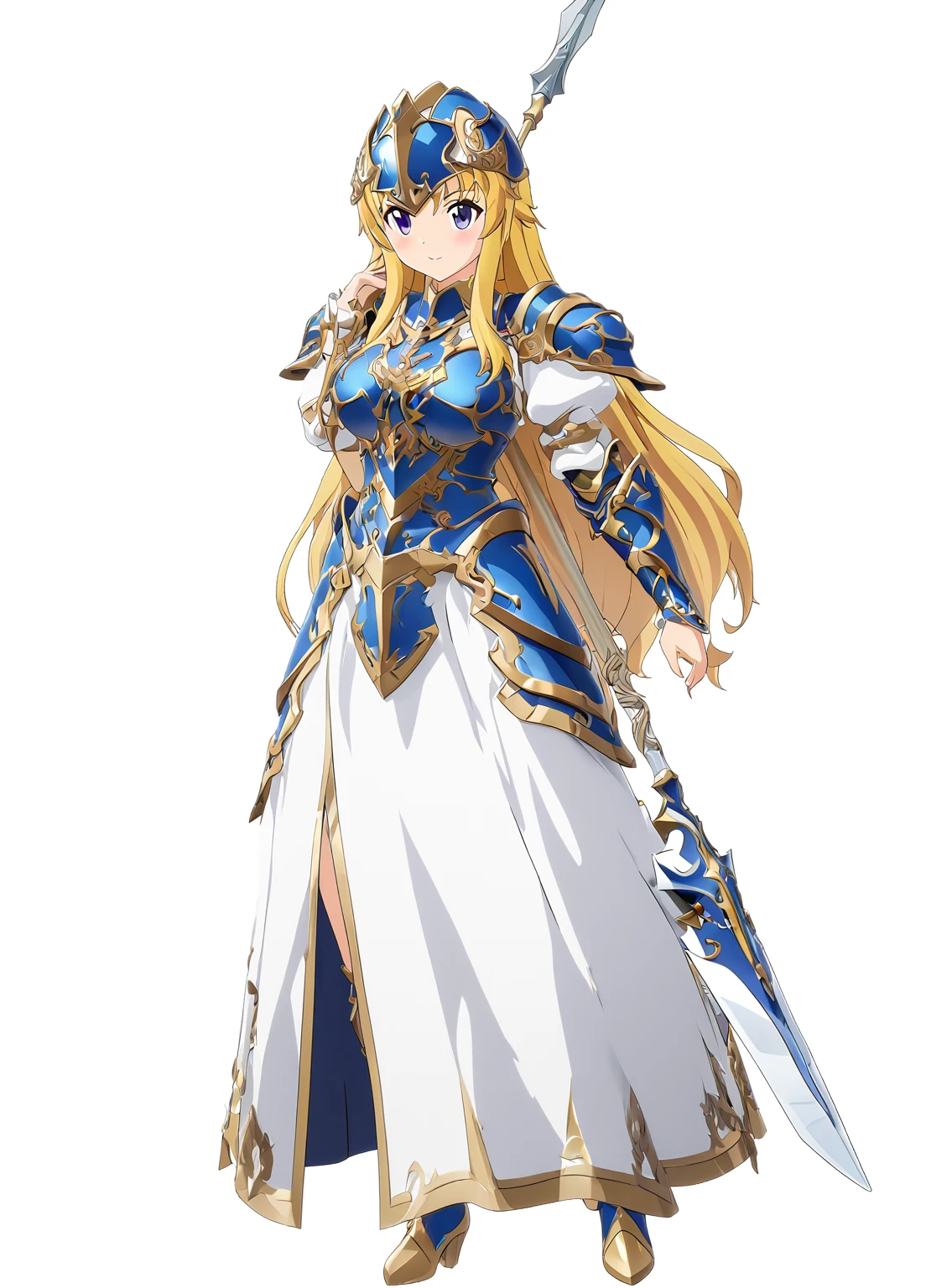 Highest quality, high resolution, High quality game art style, whole body,Valkyrie,Official Art, Smooth game CG art,Cute 3D anime girl render, Visual Novel Sprites, White background,Smooth game CG art, (((Woman with a long spear))),A woman wearing a white dress and blue armor, An intricately designed helmet with white feathers,Small shield, (((In his right hand he holds an elaborate long spear))),Exquisite Blue Armor,Golden Hair, long hair, female knight, Rin々Shii,Large Bust,17 years old,
